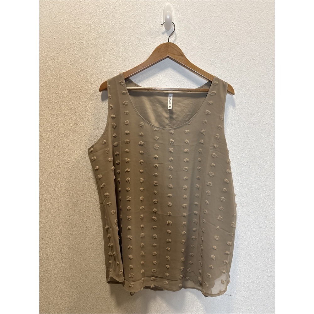 Zenana Beige Tan Sleeveless Pouf Polka Dots Lined‎ Top 2X Hobnob Look